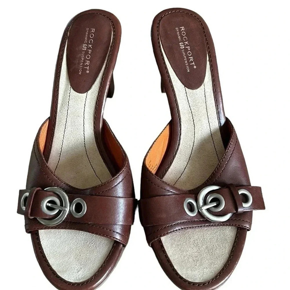 Rockport women shoes,sandal,brown,leather slip on mules ,heels , buckle accent - Picture 4 of 15